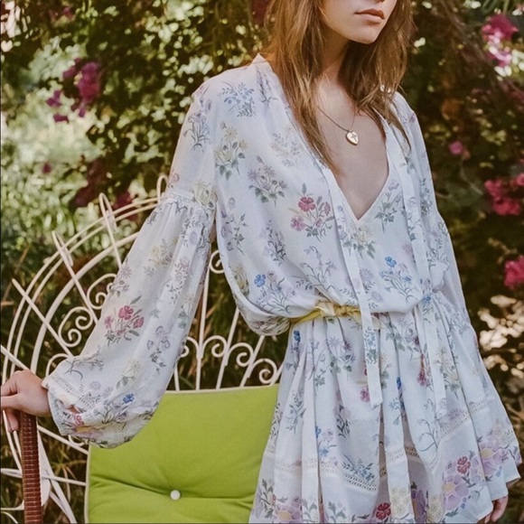 SPELL Cream Pink Yellow Blue Floral Posy Mini Dress - Gardenia - Picture 3 of 10